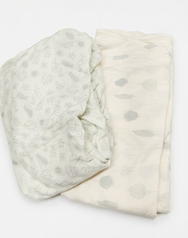 2Pack Mini Crib Sheets Fitted  38x26 Pack N Play Sheets for Pack and Play Mattress, Organic Cotton, Soft & Breathable Playard Bedding, Neutral Mini Toddler Bed Cover for Boys, Girls (Tropic Oasis)