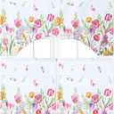 Ganeen 3 Pcs Kitchen Curtain Set for Window 30'x 36' Christmas Tulip Flower Cafe Curtains with Valance Pink Decoration for Bathroom Farmhouse Door Kitchen Window Xmas Gift