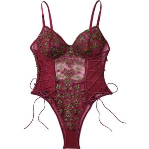 Lilosy Women Sexy Lace Up Floral Embroidered Teddy Lingerie Bodysuit Top Mesh Sheer One Piece (XX-Large, Burgundy)