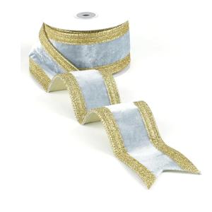 Dusty Blue and Champagne Gold Velvet Wired Ribbon 2.5" X 10 Yards Dusty Blue Velvet with Champagne Gold Glitter Border Stripe Christmas Ribbon for Tree, Wreath Supplies, Garlands Making