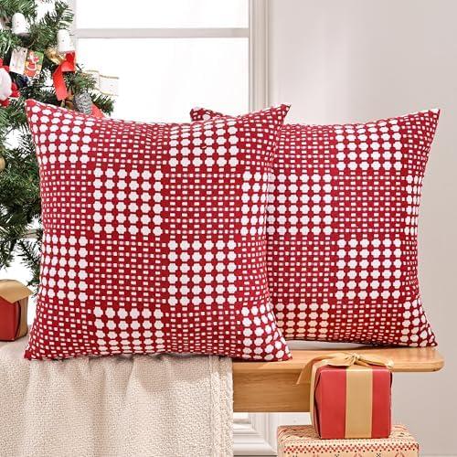 JELLYMONI Pack of 2 Decorative Plaid Linen Throw Pillow Covers Farmhouse Christmas Pillowcovers Rustic Woven Textured Boho Pillowcase for Sofa Couch Bed (Red, 16x16in)
