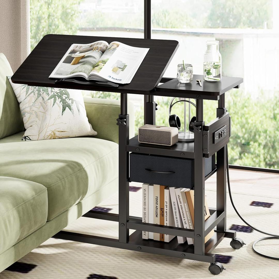Height Adjustable Overbed Table with Wheel and Charging Station, Tiltable Desk C Shaped End Table for Couch, 2-Tier Overbed Bedside Desk with Storage Shelve for Living Room Bedroom