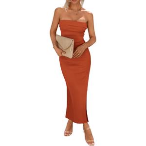 PRETTYGARDEN Women's Summer Bodycon Maxi Tube Dress Ribbed Strapless Side Slit Long Going Out Casual Elegant Party Dresses (Medium)