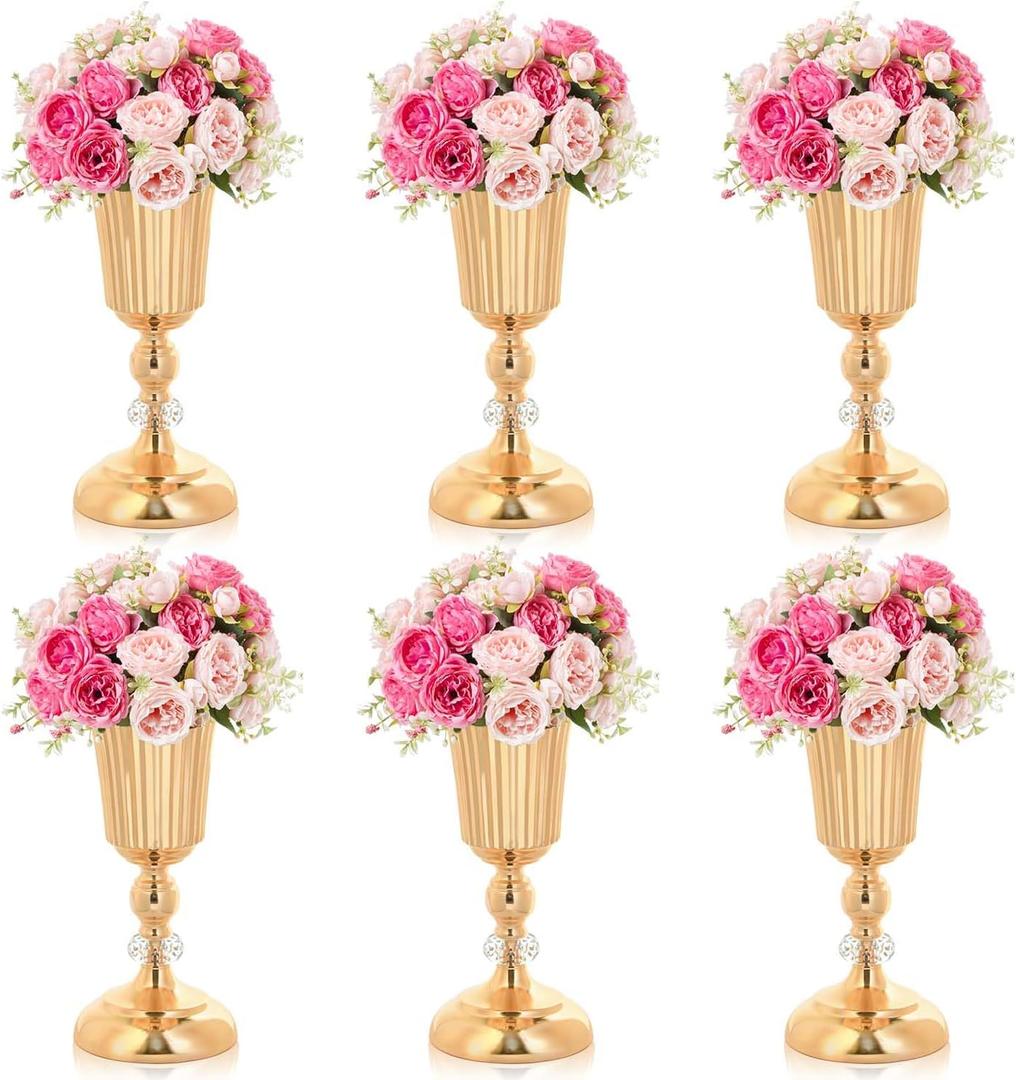11.6 inches Metal Wedding Flower Trumpet Stripe Vases Table Centerpieces for Artificial Flower Arrangements for Anniversary Celebration/Wedding/Party/Birthday Event Aisle Home Decor (Gold, 6pcs)