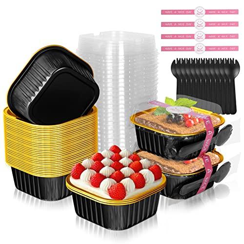 HEYYUMI 10oz Aluminum Foil Brownie Pans with Lids and Spoons, 25 Pack Square 4”X4” Disposable Ramekins Muffin Tins,Mini Cake Pans Baking Cups,Individual Cupcake Containers Dessert Cups - Black Gold