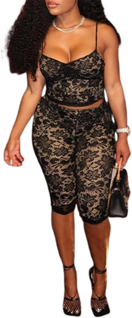 Uni Clau Womens Sexy Lace 2 Piece Set Sleeveless Tank Top and Capri Pants Mesh Bodycon Two Piece Outfits Club Matching Set (Medium, Black)