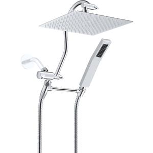 Hibbent All Metal Shower Head, 10'' High Pressure Rainfall Shower Head, Showerhead Combo, Handheld Shower Wand, 12'' Adjustable Curved Shower Extension Arm, 71'' Hose, Shower Head Holder, Chrome