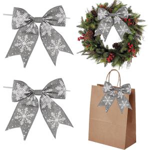 AIMUDI Silver Christmas Bows for Wreaths 6" Xmas Snowflake Bows Burlap Bow for Christmas Trees Twist Tie Bows for Gift Wrapping Crafts Fireplaces Presents Winter New Year Decor, 12 PCs