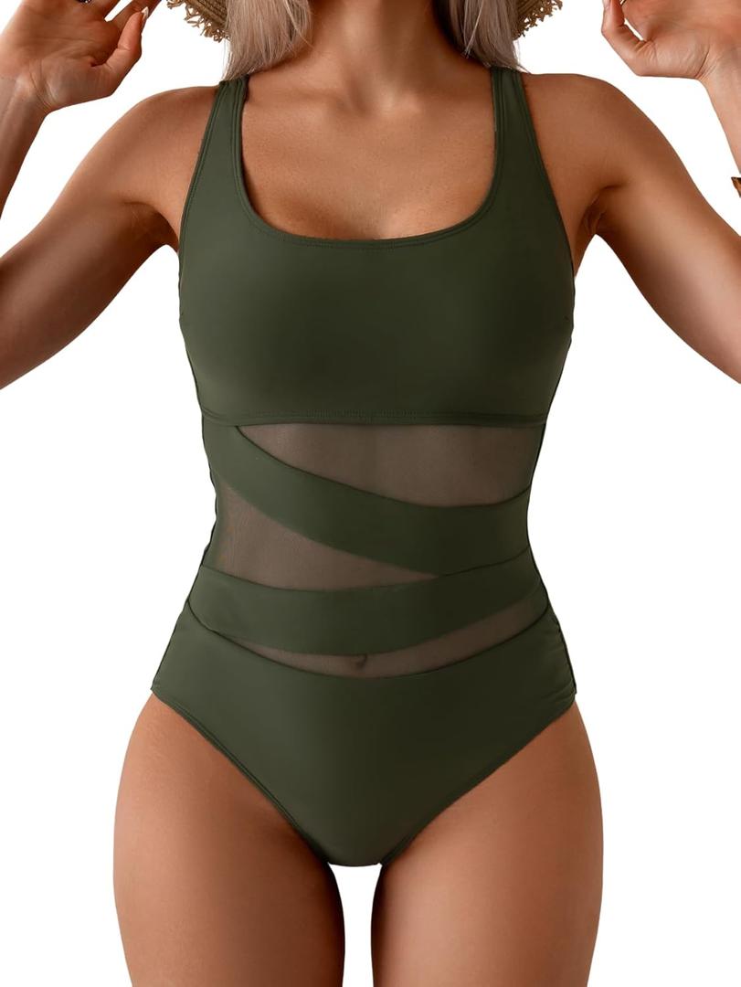 B2prity Women's Mesh One Piece Swimsuit Tummy Control Sexy Bathing Suit Push Up Swim Suit Slimming Swimwear (Medium, Army Green)