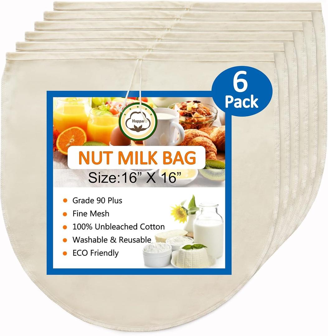 6 Pack 16"x16" Nut Milk Bag for Straining, 100% Unbleached Cotton Cloth, Reusable Cheesecloth, Strainer for Almond/Oat/Soy Milk, Cold Brew Coffee, Filter Bag for Cheese/Yogurt/Juice/Wine/Soup