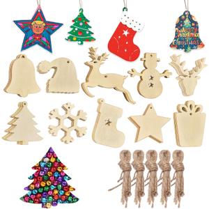 50pcs Christmas Wooden Ornaments for Crafts, 10 New Styles Unfinished Wood Slice Ornaments, Wooden Christmas Ornaments to Paint, Christmas Tree Hanging Ornaments Wood Christmas Decoration DIY Crafts
