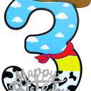 Toy Theme 3th Birthday Decorations Party Number Centerpiece Cartoon Party Number Sign Blue Sky and White Cloud Cow Birthday Sign for Boy and Girl Photo Booth Decor