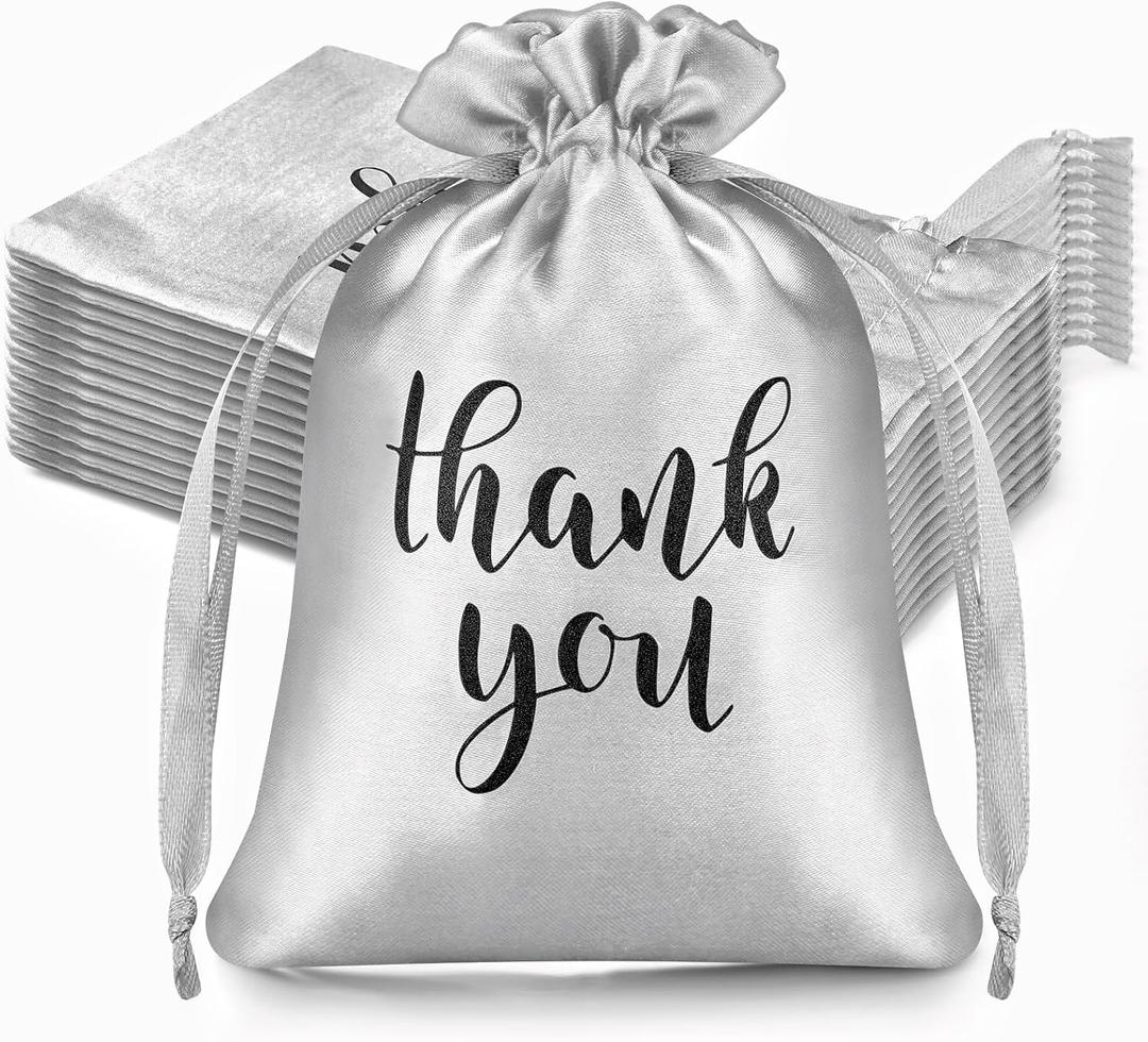 Sieral 50 Pcs Thank You Satin Gift Bags with Drawstring Jewelry Candy Pouches for Wedding Bridal Baby Shower Employee Appreciation Birthday Party Thank You Bags Gift Wrap(Silver, 4 x 6 Inch)