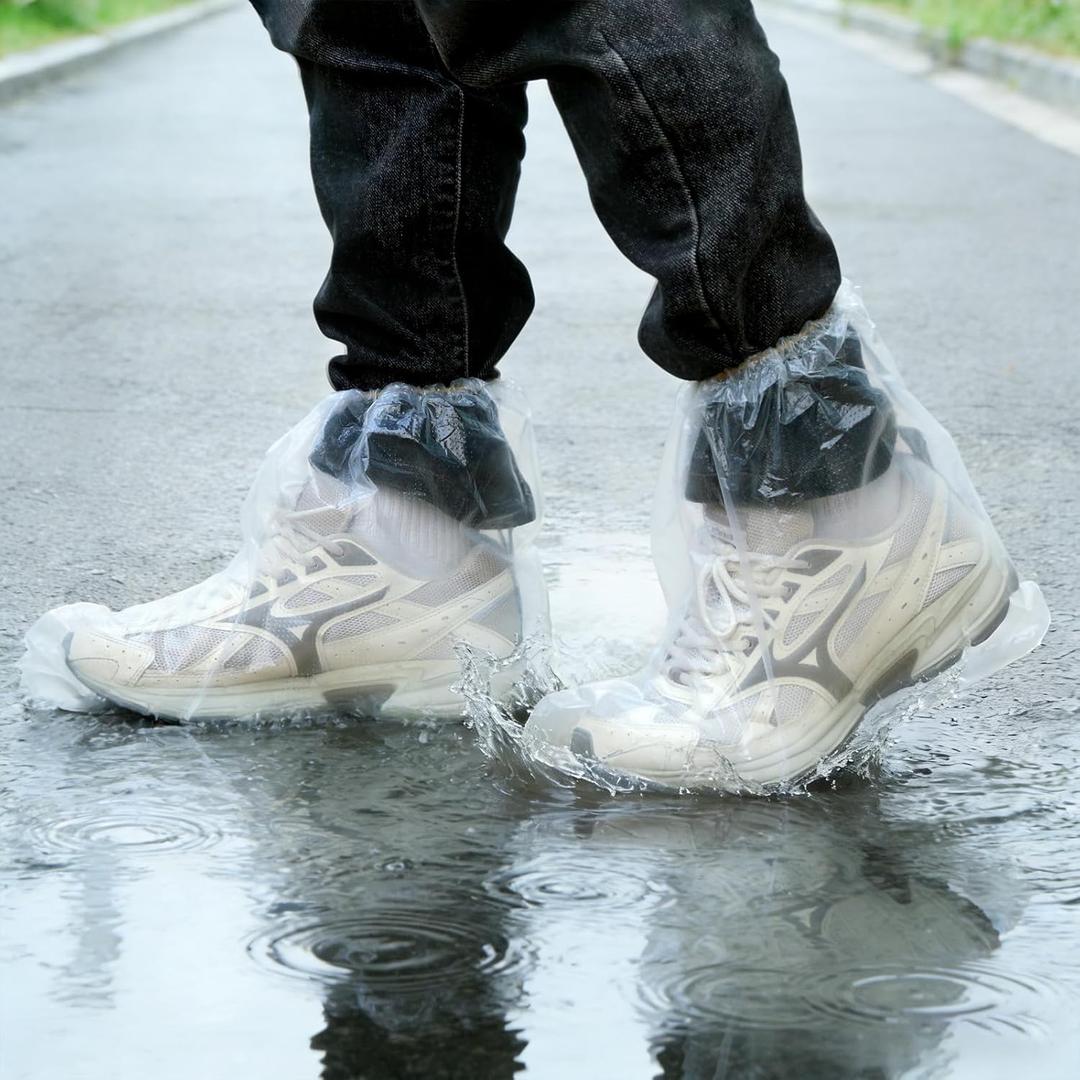 10 Pairs Disposable Plastic Shoe Covers & Boot Covers - Waterproof Non-Slip Overshoes for Men & Women, Transparent Rain Shoe Protectors for Indoor & Outdoor Use (Clear)