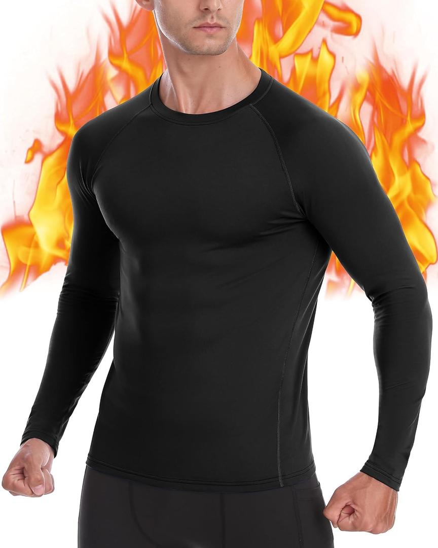 Mens Thermal Compression Shirts, Warm Long Sleeve Fleece Lined Tops Athletic Base Layer for Running Cold Weather (Large, Black)