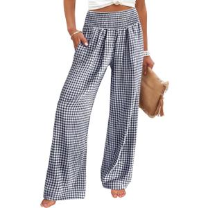 ANRABESS Womens Striped Gingham Palazzo Pants Wide Leg High Waisted Lounge Pajama Pants Cute Casual Trousers with Pockets (Medium, Navy Blue White Plaid)