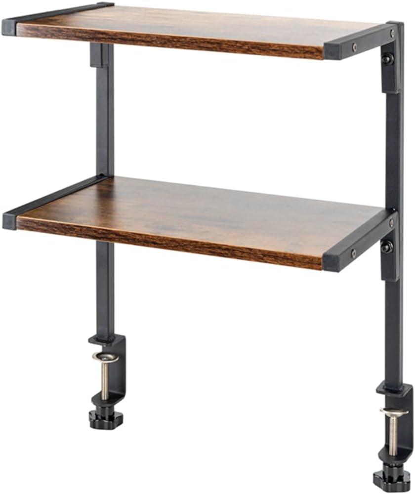 Clamp On Desk Organizer Shelf, 12 Inch Clamp-on Above or Under Desktop Storage Shelf,2 Tier Clip On Shelving Unit for Table Accessories (Brown)