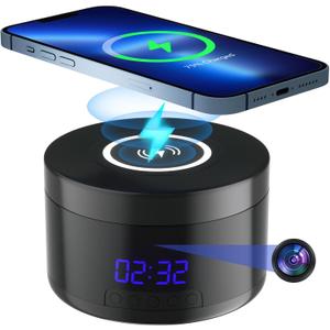 Indoor Camera with Clock and Wireless Charging, 1080P WiFi Cameras for Home, Security Camera with Motion Detection, Night Vision, Local & Cloud Storage,with APP (Black)