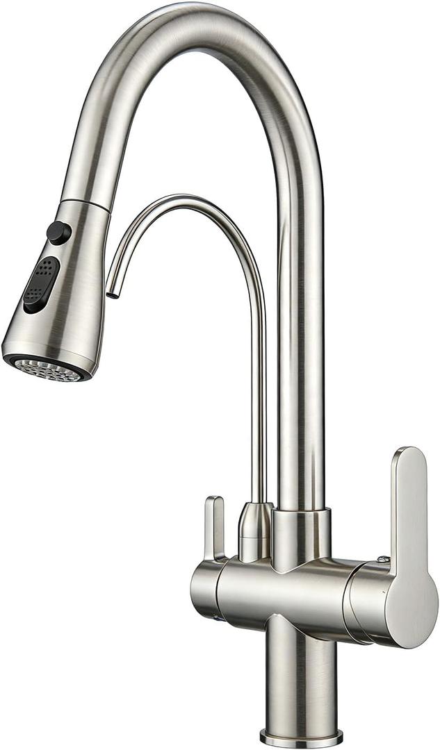 Kitchen Faucet with Water Filter Spout 2-in-1 Brushed Nickel Pull-Down Sink Faucet, NSF-Certified Filtered Water Tap, Single-Handle with Detachable Deck Plate Fits 1 or 3 Hole by OWOFAN