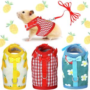 Weewooday 3 Pieces Guinea Pig Harness with Leash Small Pet Harness Fruit Plaid Pattern Adjustable Padded Walking Vest for Pet Hamster Squirrel Animals(Pineapple, Red Plaid, Strawberry,Small)
