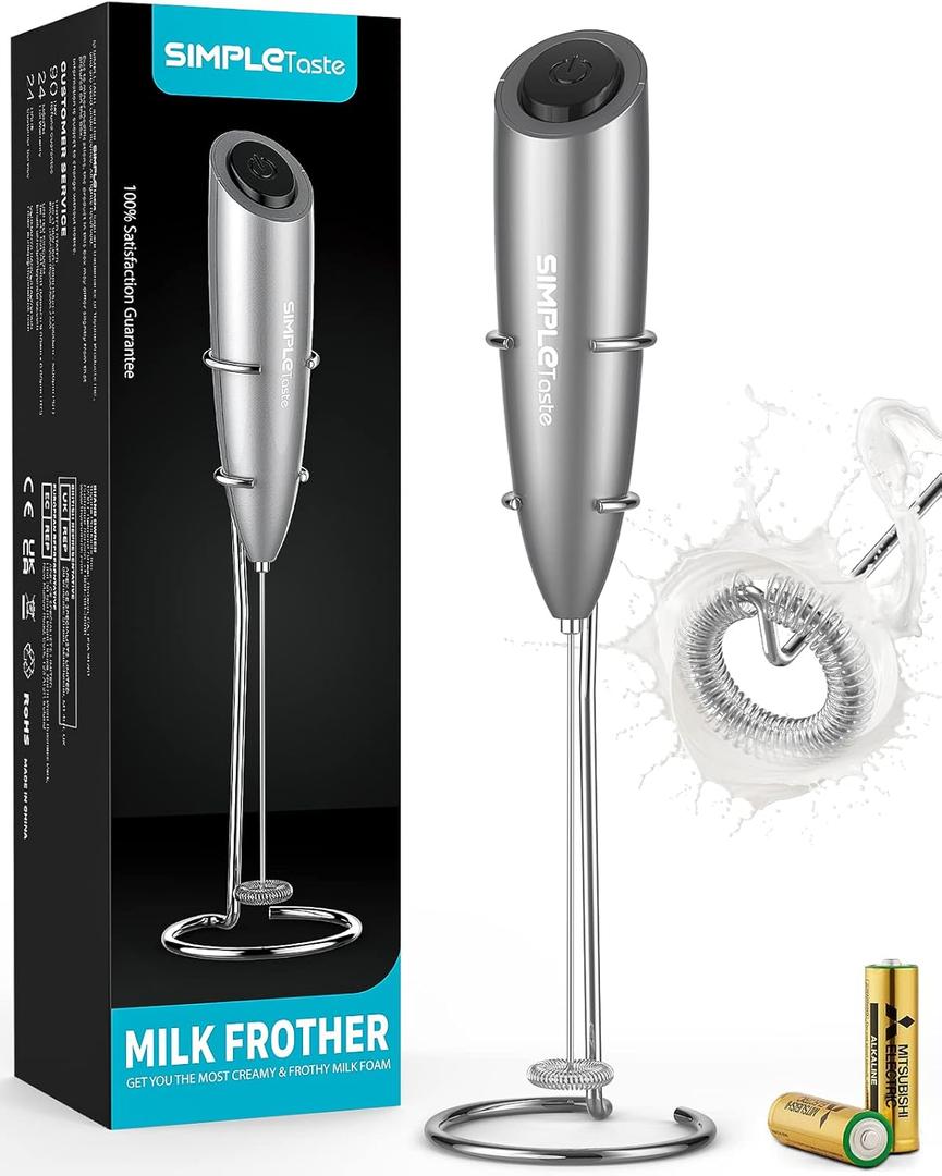 SIMPLETaste Milk Frother Handheld Battery Operated Electric Foam Maker, Drink Mixer with Stainless Steel Whisk and Stand for Cappuccino, Bulletproof Coffee, Latte (With Stand, Gray)