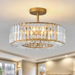 Piepooye 4 Lights Modern Crystal Chandelier Gold Round Semi Flush Mount Ceiling Light Fixture Farmhouse Chandelier for Dining Room Living Room Bedroom Hallway Entryway Kitchen