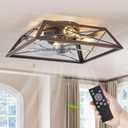 LEDIARY Ceiling Fan with Light, 24 Inch Farmhouse Caged Flush Mount, Low Profile Fan Light Fixture, Small Industrial Rustic Ceiling Fan with Remote