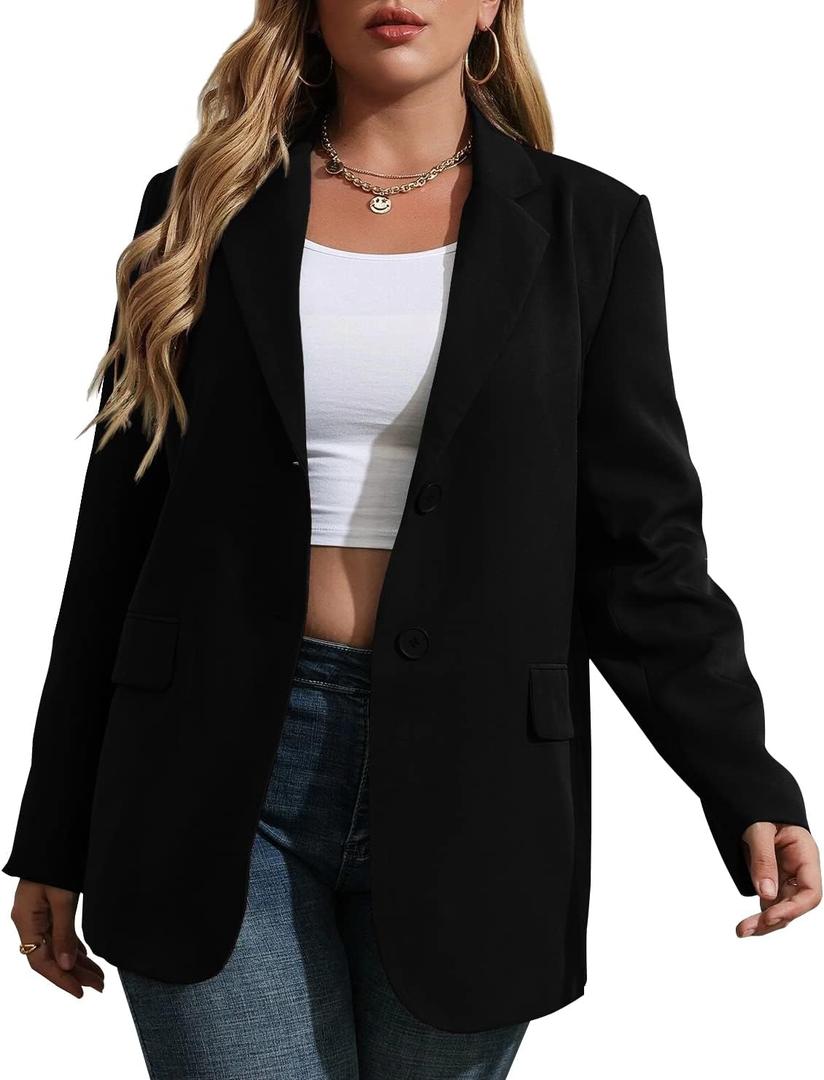 Womens Plus Size Casual Blazer Jackets Long Sleeve Open Front Buttons Work Office Lapel Blazers with Pockets (3X-Large, 00-black)