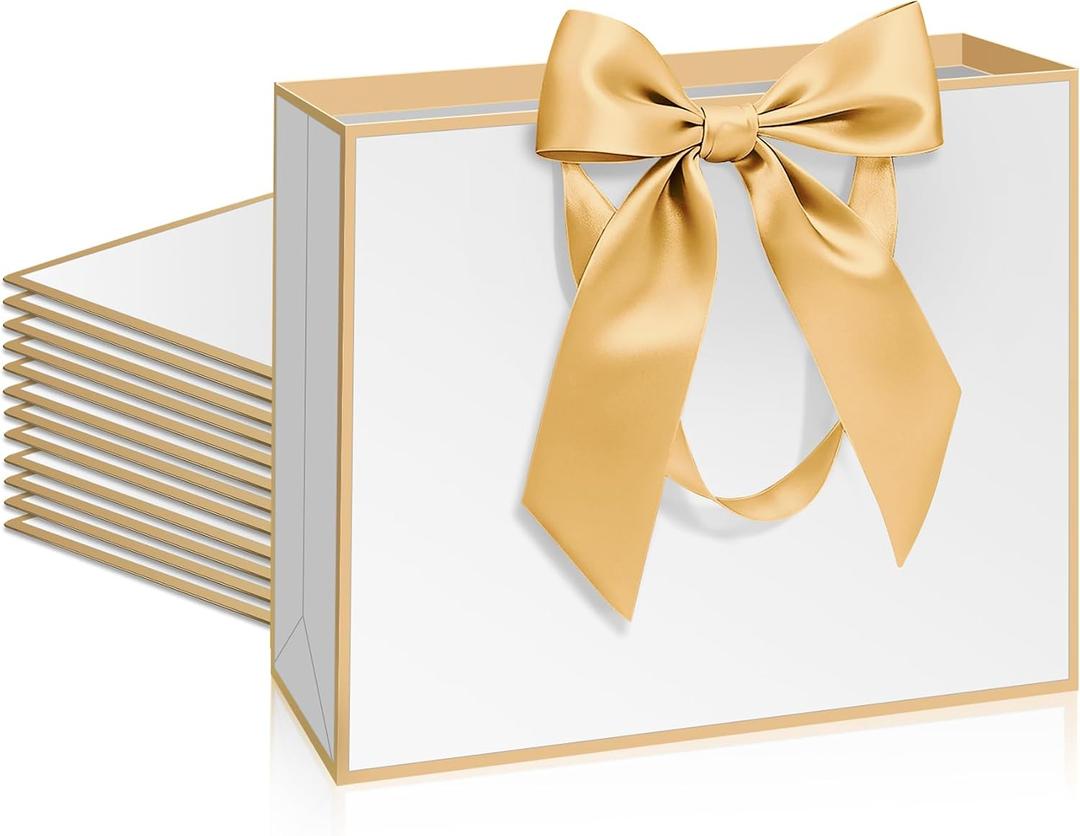 Patdefie 12 Pack White Gift Bags with Handle 12.5x10x4.3 inch Thank You Favor Welcome Bags Return Gifts for Wedding Mothers Graduation Baby Shower Birthday Thanksgiving (white and gold)