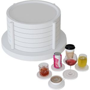 MinBoo Bamboo Coasters for Coffee Table Set of 6 Coasters for Drinks Absorbent with Holder Coffee Table Decor for Tabletop Protection Gifts for House Warming New Home & Wedding (White)