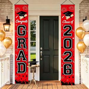 2026 Graduation Decorations Porch Banner Red, Congrats Grad Class of 2026 Banner for Graduation Party Decorations for Front Door, Porch and Graduation Party Supplies