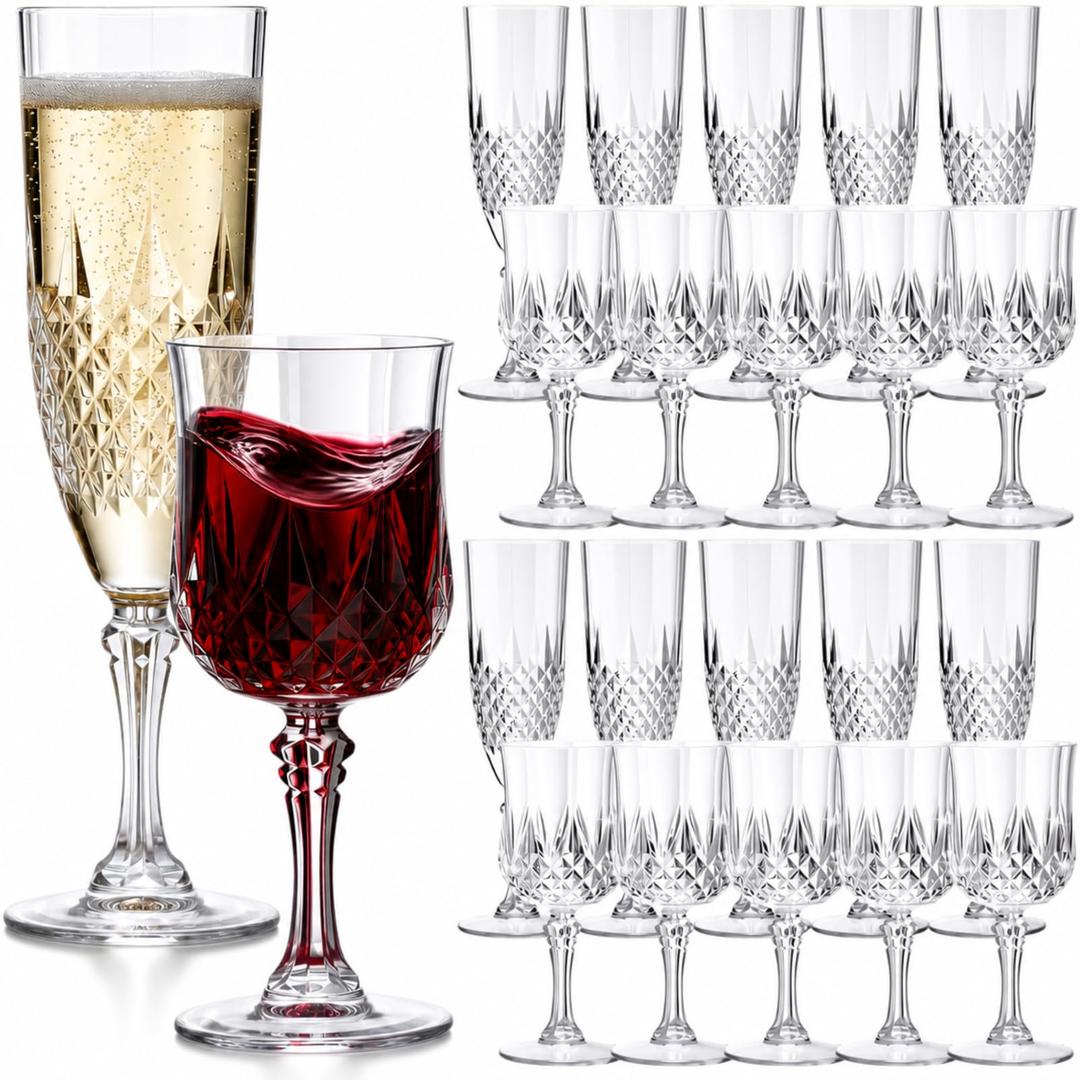 Sliner 48 Pack Plastic Vintage Wine Glasses and Champagne Flutes Set, Clear