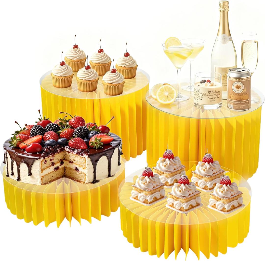 4Pcs Buffet Risers, Foldable Food Risers for Buffet Table, Acrylic Risers Display Stands, Dessert Table Display Set Cake Stands Tall Cylinder Stands for Party Wedding (Yellow)