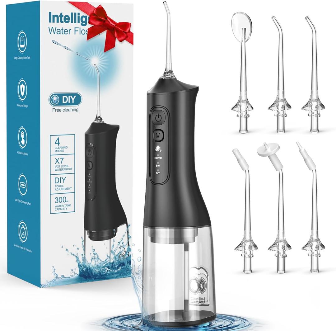 Water Flosser, Rechargeable 300ML IPX7 Waterproof Cordless Portable Oral Irrigator with 4 Modes & 6 Replaceable Jet Tips-Professional Flossing Cleaner for Daily Home Use, Travel, Gums, Braces Care, Black