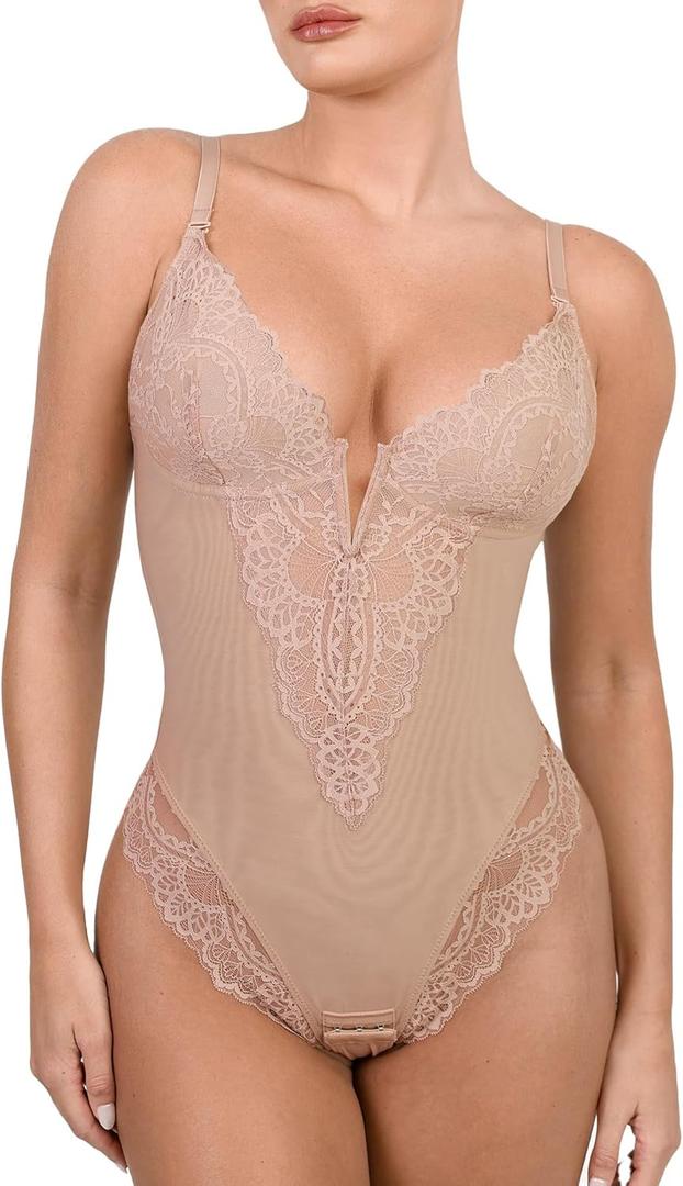 Popilush Tummy Control Shapewear V Neck Backless Lace Thong Bodysuit Sleeveless Tank Tops for Women, Nude, M 