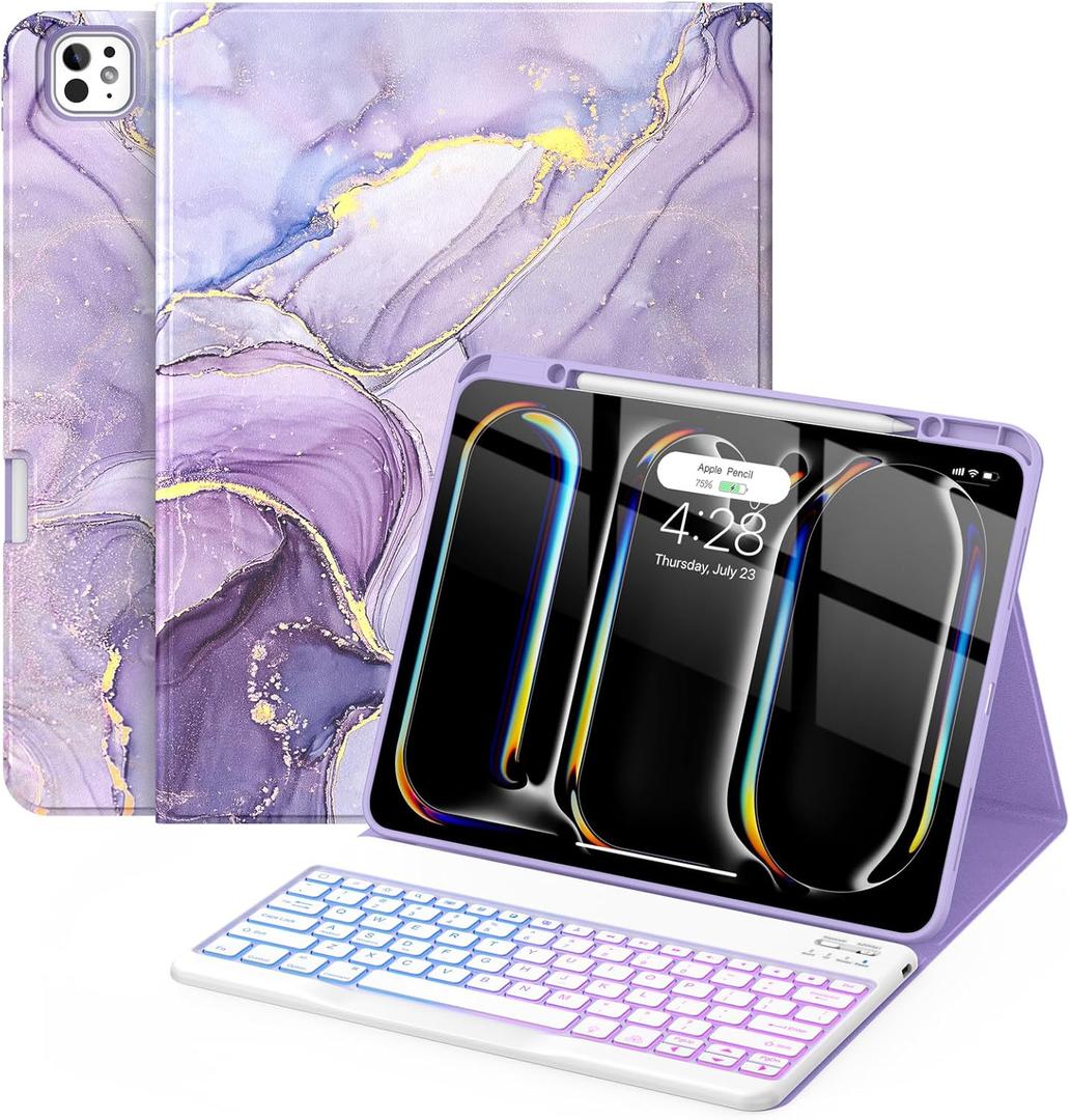 Soke Keyboard Case for iPad Pro 13 Inch (M4 2024), Magnetic Detachable Wireless Keyboard & 7 Colors Backlight Keys, Folio Stand TPU Back Cover with Pencil Holder for iPad Pro 13", Lilac Marble