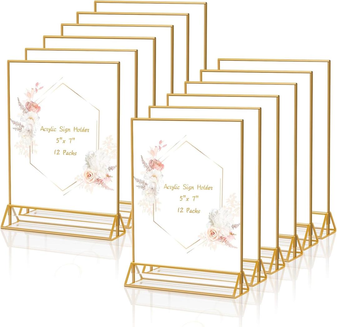 Gold Frames 5 x 7 Acrylic Sign Holder Double Sided Wedding Table Number Holder Clear Plastic Gold Picture Frames Flyer Holder for Table Menu Photo Display-12 Packs