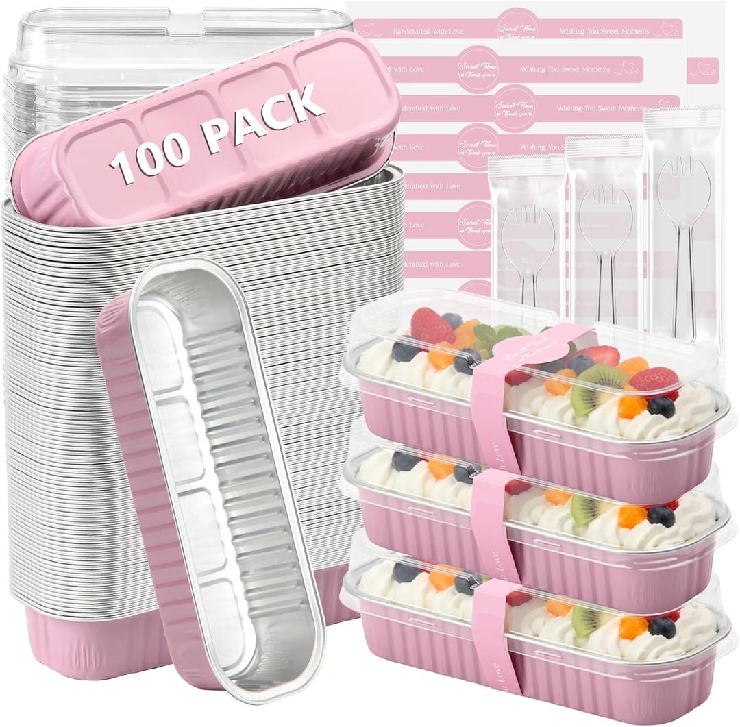 Ruckae 100 Pack Mini Loaf Cake Pan with Lids and Spoons Disposable Aluminum Tin Foil Pans Rectangle Mini Loaf Pans with Lids for Baking,Party,Picnics,Holidays (Pink)