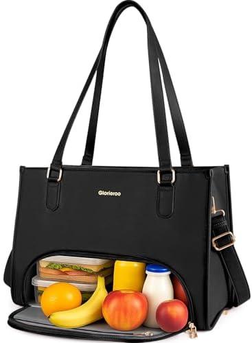 Laptop Tote Bag with Lunch Compartment for Women - 15.6 Inch Computer Vegan Leather Work Bag Handbag, Large Insulated Leakproof Lunch Box Bag with Shoulder Strap