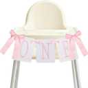 One High Chair Banner Girl, First Birthday Decoration for Sweet Baby Girl, 1st Pink Bow Birthday Banner Embroidery Felt Decorations for Bow Themed Party Photo Props