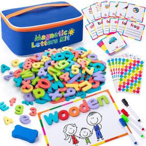 Sundaymot Magnetic Alphabet Letters Kit310 Pcs with Magnetic Board and Organizer Bag, Upper and Lower Case Wooden Letters Educational Toy Set for Classroom Kids Learning Spelling