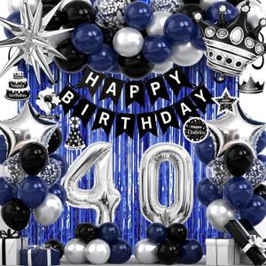 40th Birthday Decorations for Men and Women, Black Blue Silver Happy Birthday Number 40 Balloons, Banner, Fringe Curtains Garland Kit - 40 Year Old Party Supplies