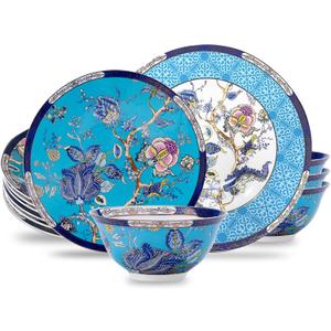 ACMLIFE Bone China Dinnerware Set for 4, 12-Piece Vintage Floral Dinnerware Set, Kitchen Plates and Bowls Set, Thanksgiving Christmas Gifts for Women (Blue)