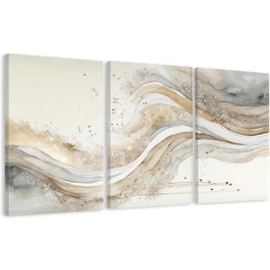AVECCO 3 Pieces Gold Wave Abstract Wall Art, Modern Pictures Canvas Stylish Wall Decor,Minimalist Gold Art Prints for Bedroom Living Room Office Home Decoration Ready to Hang 16x24 Inch