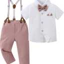 YALLET Toddler Baby Boy Clothes Suit Gentleman Wedding Outfits, Formal Dress Shirt+Bowtie+Suspender Pants(Pink, 2-3T)
