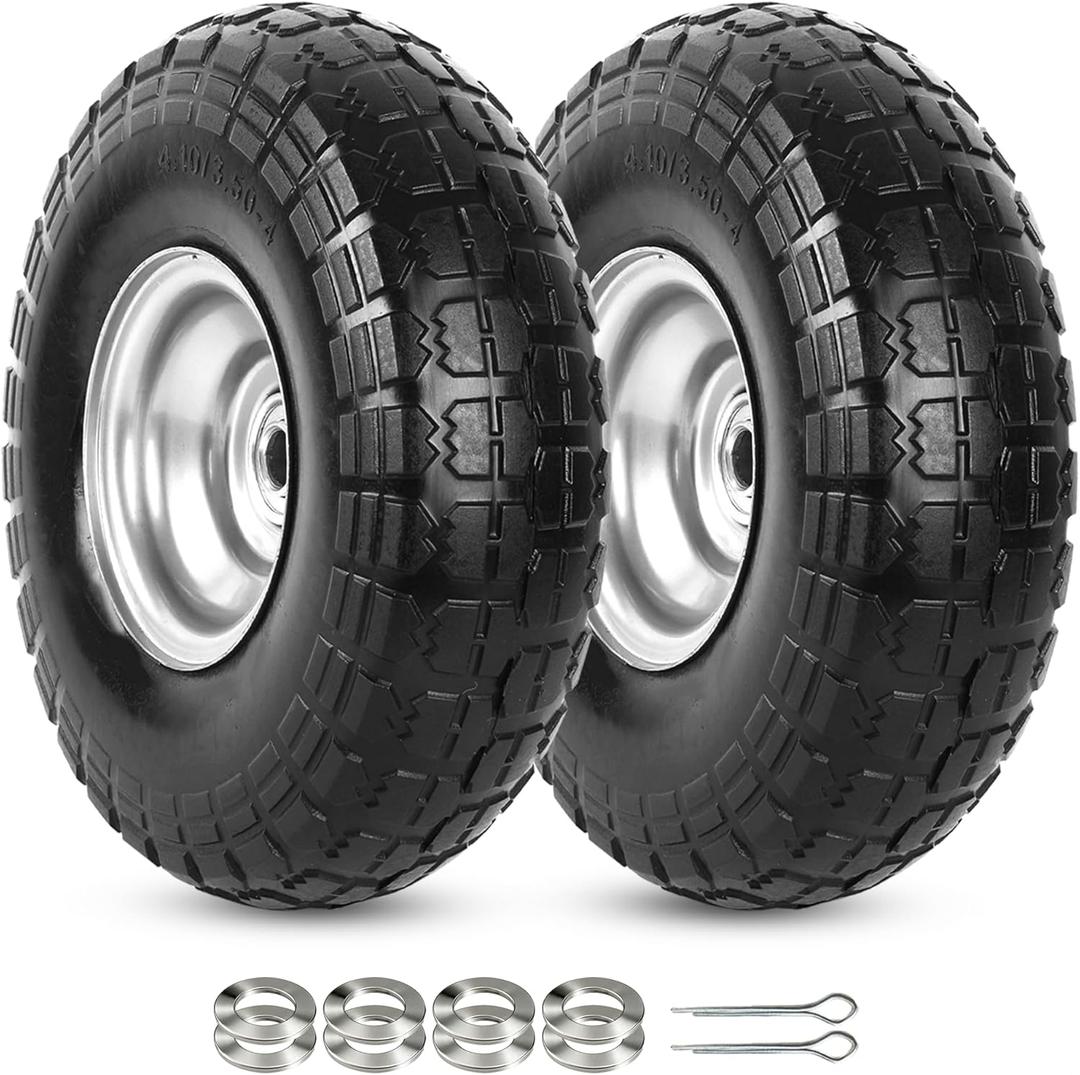 AR-PRO (2 Pack) 4.10/3.50-4 Flat Free Tire and Wheel, 10" Solid Rubber Tires for Wheelbarrow, Dolly, Hand Truck, Wagon, Garden Cart, Generator Wheels Replacement - 5/8" Bearings, 2.2" Offset Hub