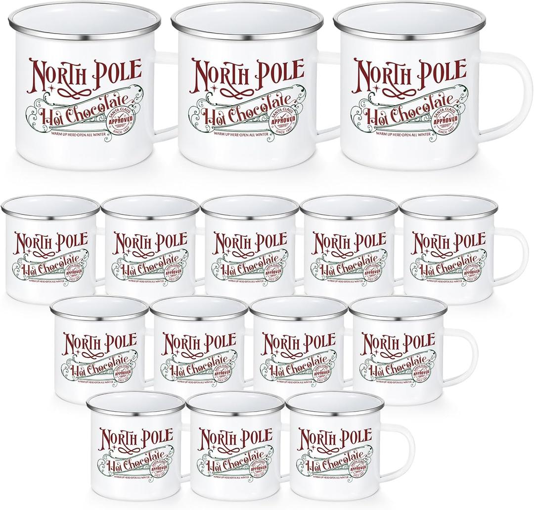 Yaomiao 15 Pcs North Pole Hot Chocolate Mug Christmas Coffee Mugs Christmas Gifts Santa Xmas Enamel Cups with Handle Stainless Steel Mug for Women Men Employee