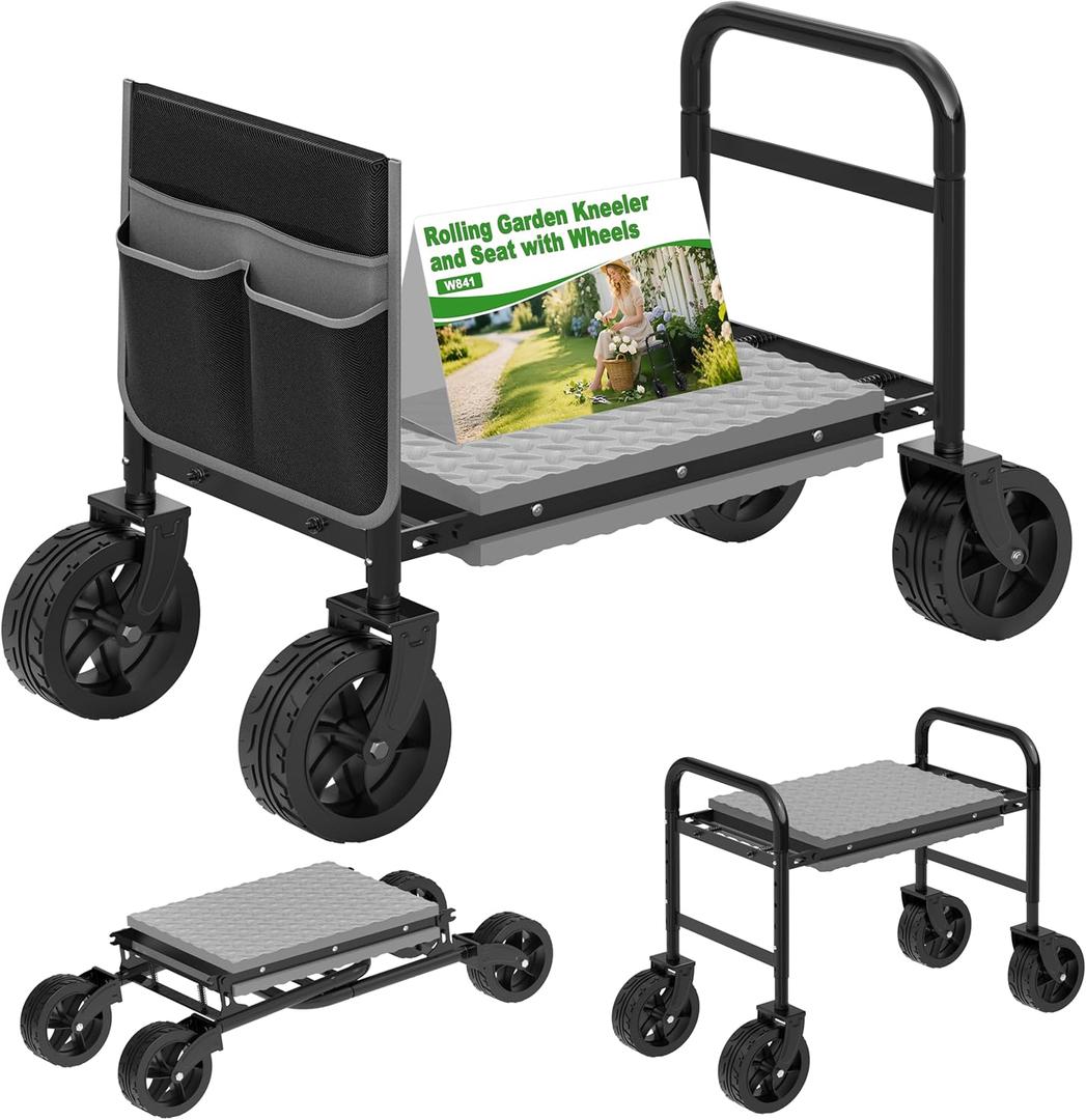 NIUXX Garden Kneeler and Seat with 360 Wheels: 3-in-1 Rolling Garden Stool with Extendable Legs - Foldable Garden Seat with Thick Pad & Tool Pouches - Heavy Duty Gardening Bench for Seniors