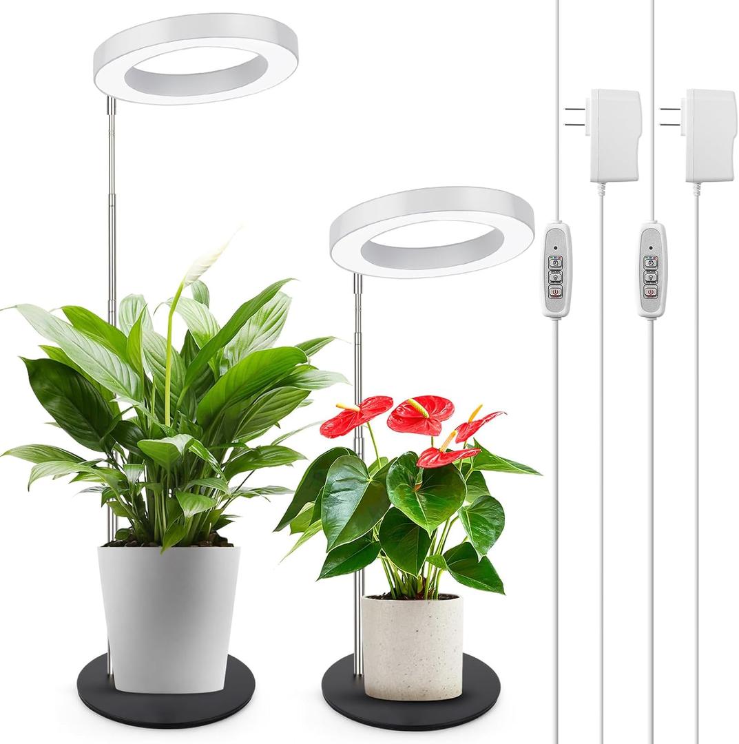 LORDEM Grow Light, LED Plant Light for Indoor Plants Growing, Full Spectrum Desk Growth Lamp with Automatic Timer for 4H/8H/12H, 4 Dimmable Levels, Height Adjustable 9.8"-30.6", Pack of 2 (White with Base)