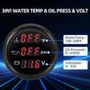 MH Triple Gauge Set - Water Temp (104F-248F), Oil Pressure (0-145PSI), Voltmeter (9-32V), AUTO Gauge with Sensors 2" 52mm 3-in-1 Boat Marine Meter Kit (Black)